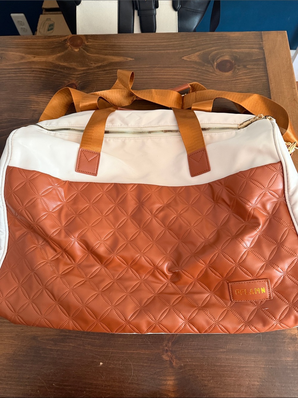 Quilted Two-Tone Travel Tote in Cognac and Cream